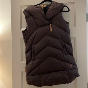 Dark plum. Hooded puff vest to calf